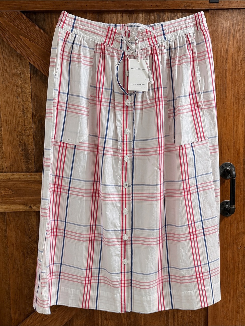 Free Assembly White Plaid Button-Front Midi Skirt - Red & Blue Plaid